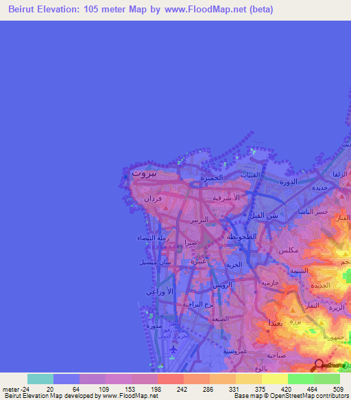 Beirut,Lebanon Elevation Map