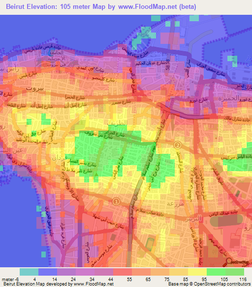 Beirut,Lebanon Elevation Map