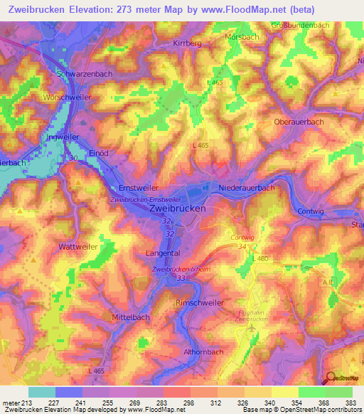 Zweibrucken,Germany Elevation Map