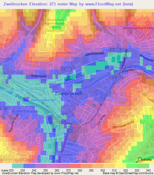 Zweibrucken,Germany Elevation Map