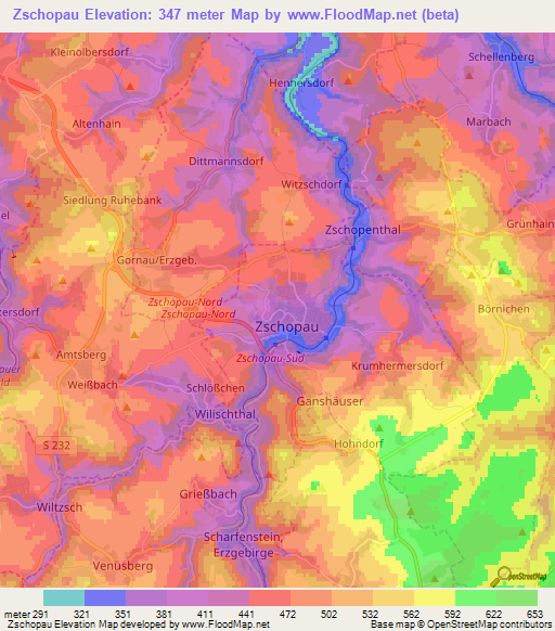 Zschopau,Germany Elevation Map