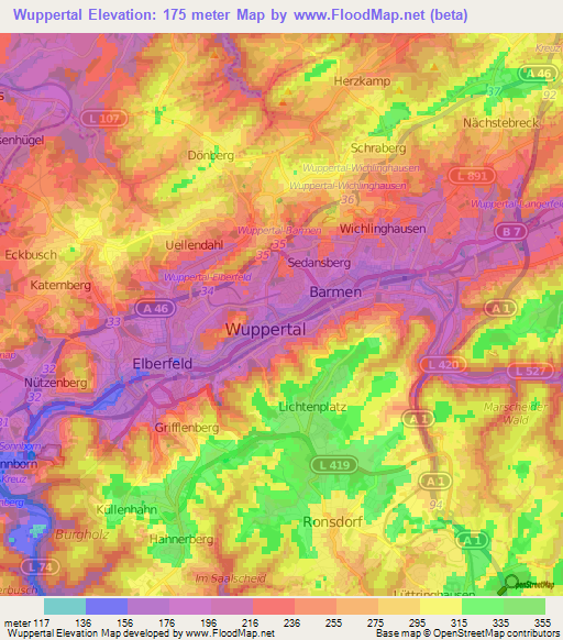 Wuppertal,Germany Elevation Map