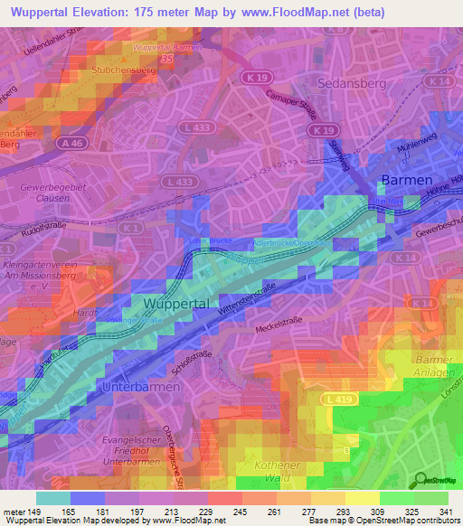 Wuppertal,Germany Elevation Map