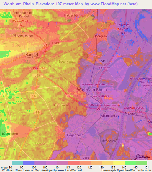 Worth am Rhein,Germany Elevation Map