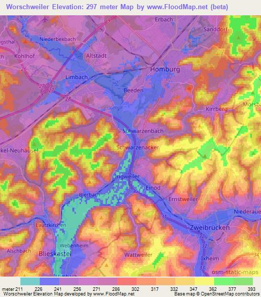 Worschweiler,Germany Elevation Map