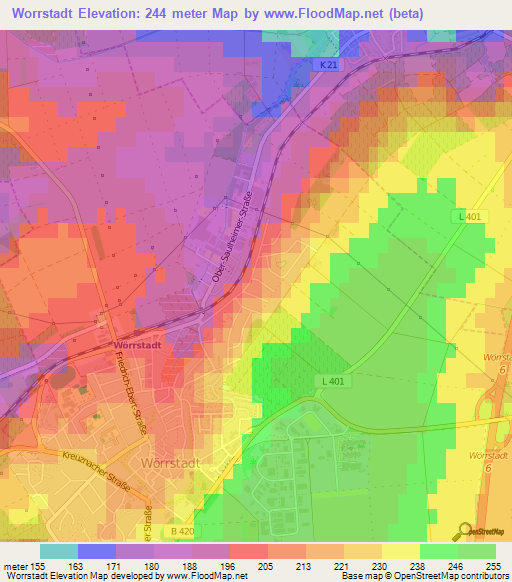 Worrstadt,Germany Elevation Map