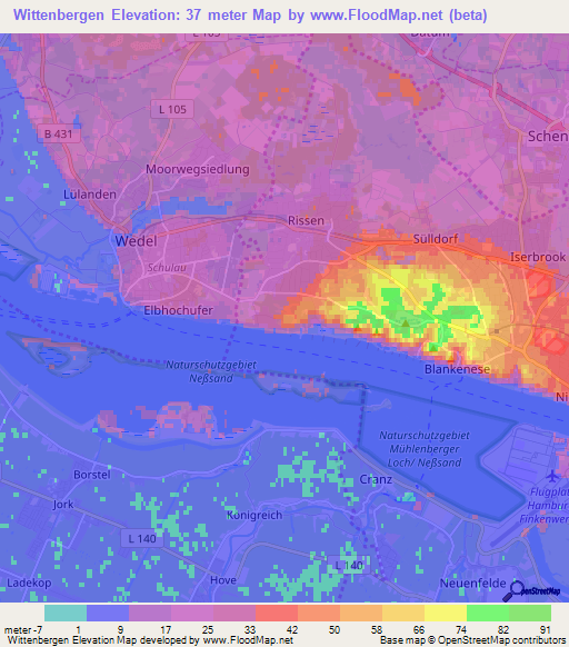 Wittenbergen,Germany Elevation Map