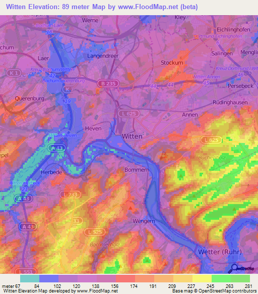 Witten,Germany Elevation Map