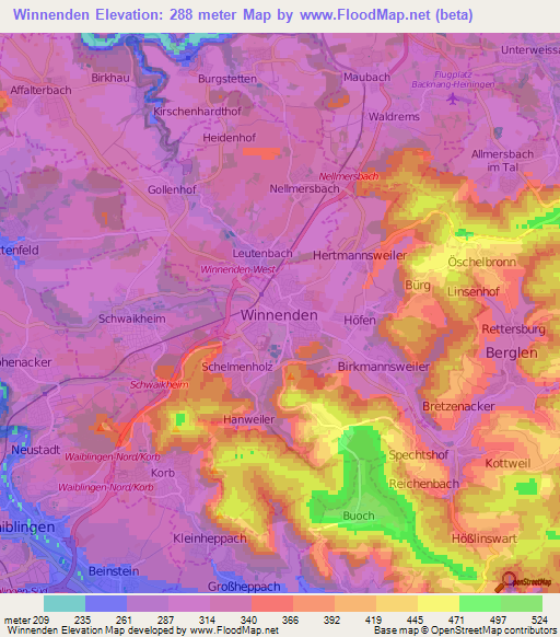 Winnenden,Germany Elevation Map
