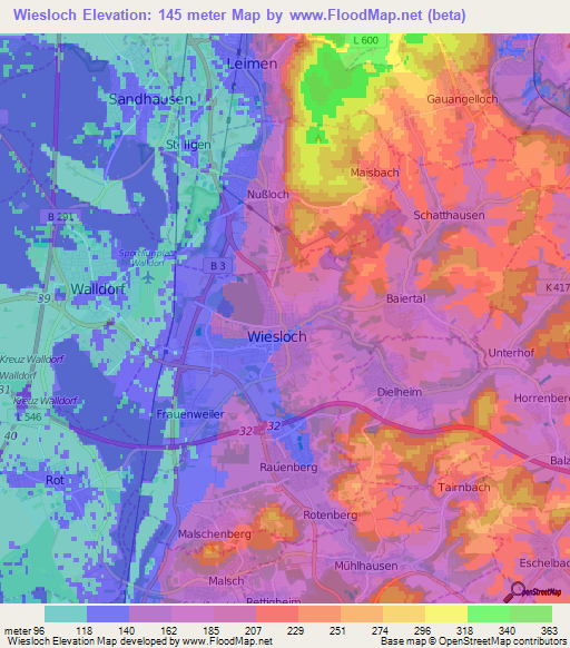 Wiesloch,Germany Elevation Map