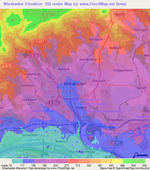 Wiesbaden,Germany Elevation Map