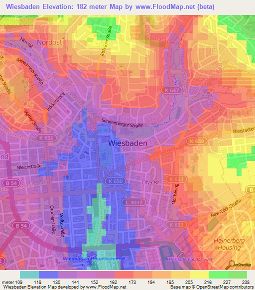 Wiesbaden,Germany Elevation Map