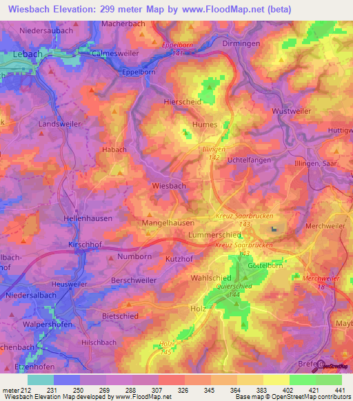 Wiesbach,Germany Elevation Map