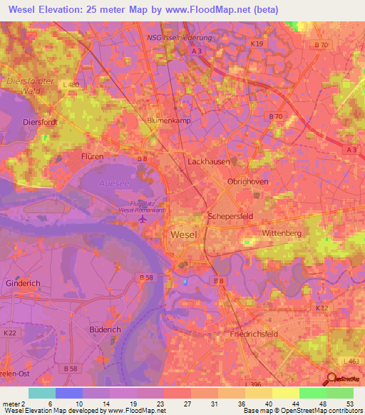 Wesel,Germany Elevation Map