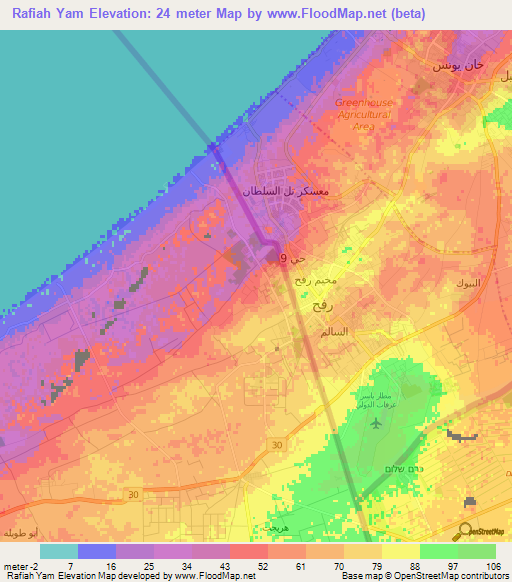 Rafiah Yam,Palestinian Territory Elevation Map