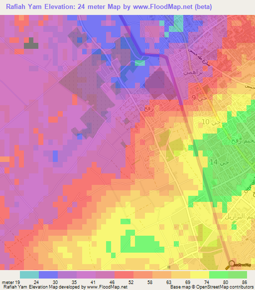 Rafiah Yam,Palestinian Territory Elevation Map