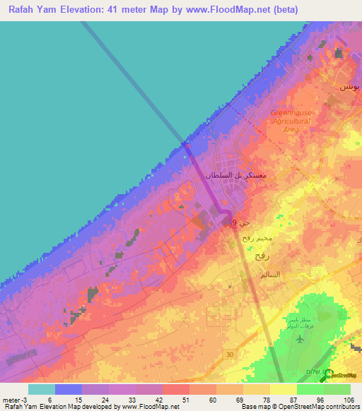 Rafah Yam,Palestinian Territory Elevation Map