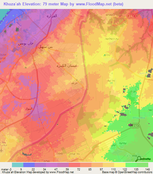 Khuza`ah,Palestinian Territory Elevation Map