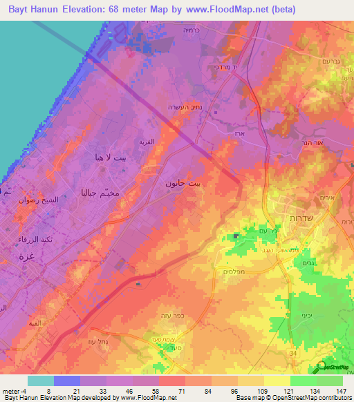 Bayt Hanun,Palestinian Territory Elevation Map