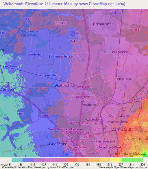 Weiterstadt,Germany Elevation Map