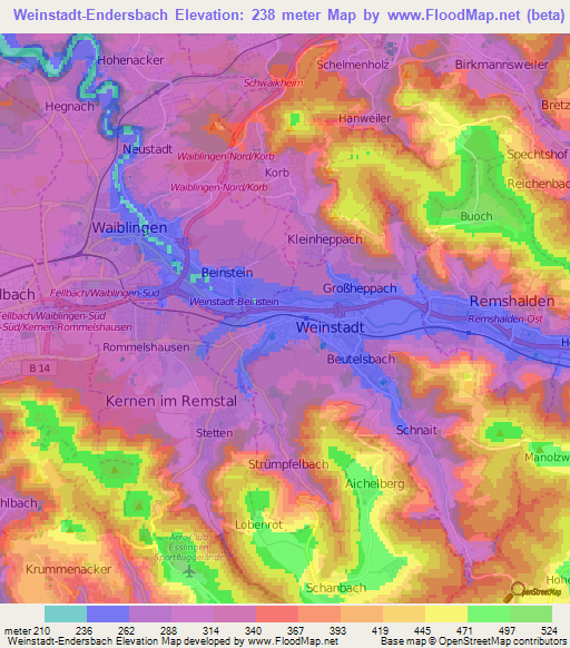 Weinstadt-Endersbach,Germany Elevation Map