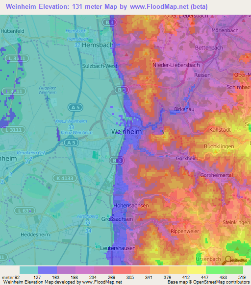 Weinheim,Germany Elevation Map