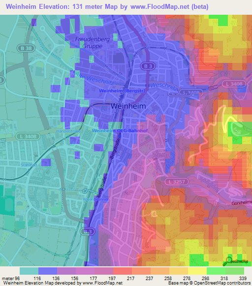 Weinheim,Germany Elevation Map