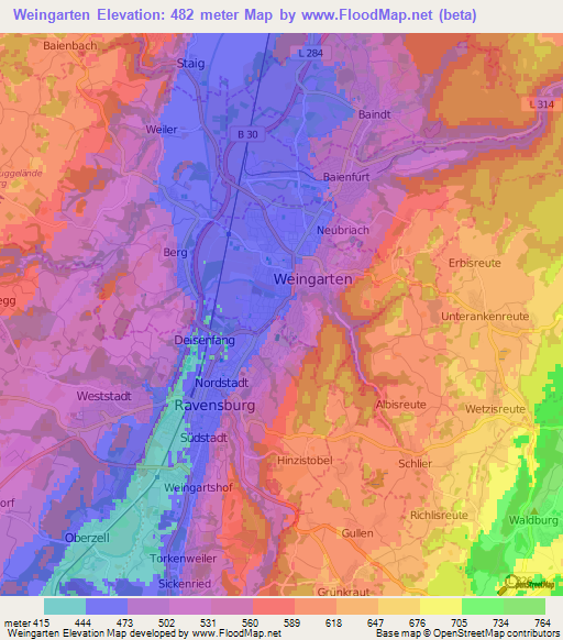 Weingarten,Germany Elevation Map