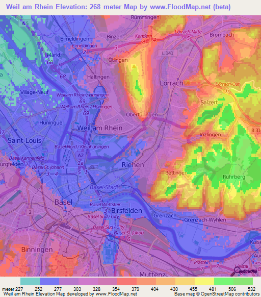 Weil am Rhein,Germany Elevation Map