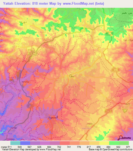 Yattah,Palestinian Territory Elevation Map