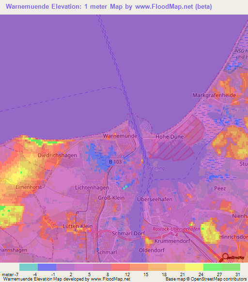 Warnemuende,Germany Elevation Map