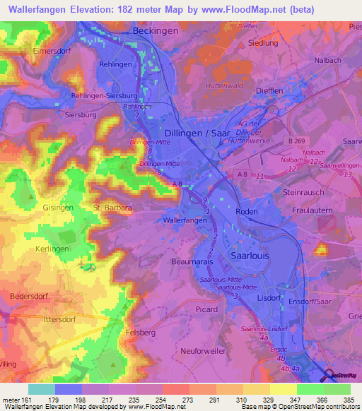 Wallerfangen,Germany Elevation Map