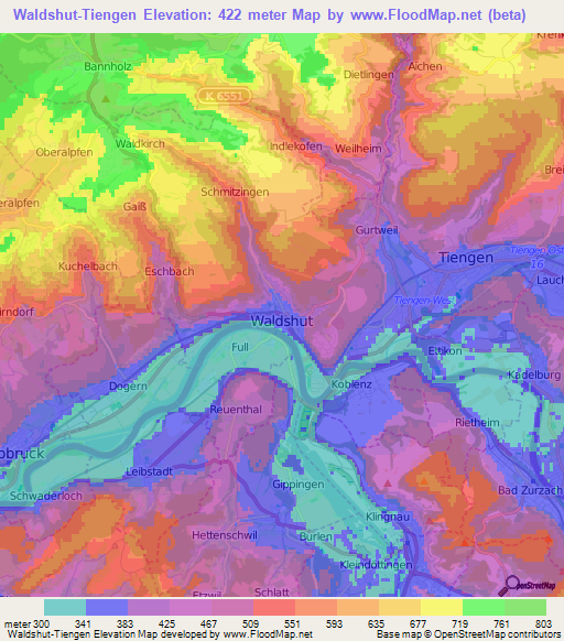 Waldshut-Tiengen,Germany Elevation Map