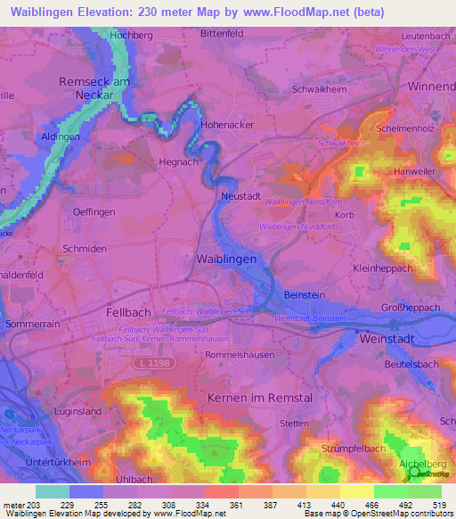 Waiblingen,Germany Elevation Map