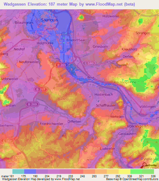 Wadgassen,Germany Elevation Map