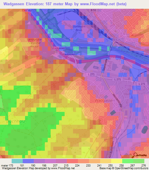 Wadgassen,Germany Elevation Map