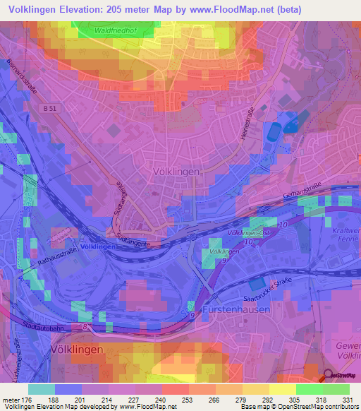 Volklingen,Germany Elevation Map