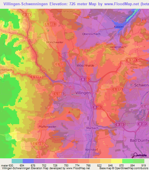 Villingen-Schwenningen,Germany Elevation Map