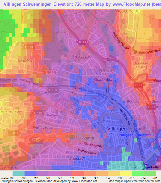 Villingen-Schwenningen,Germany Elevation Map