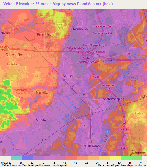 Velten,Germany Elevation Map