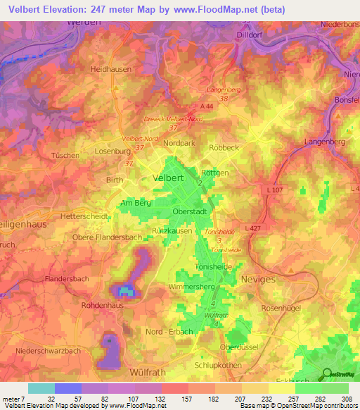 Velbert,Germany Elevation Map