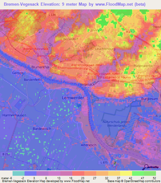 Bremen-Vegesack,Germany Elevation Map