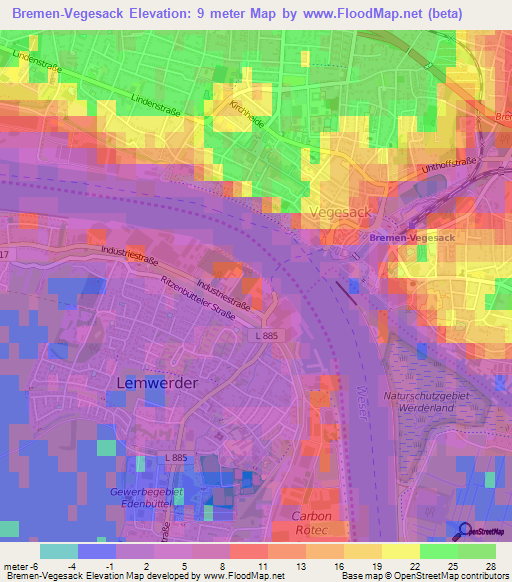 Bremen-Vegesack,Germany Elevation Map