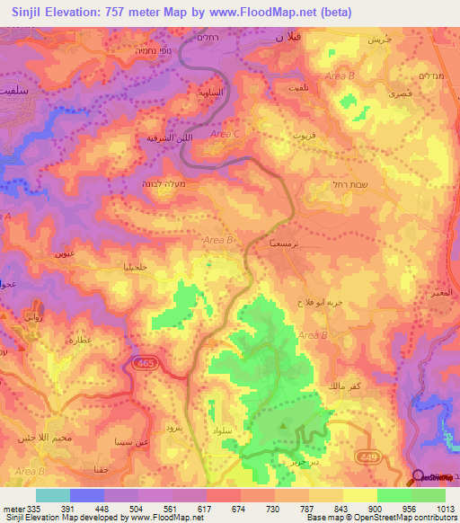 Sinjil,Palestinian Territory Elevation Map