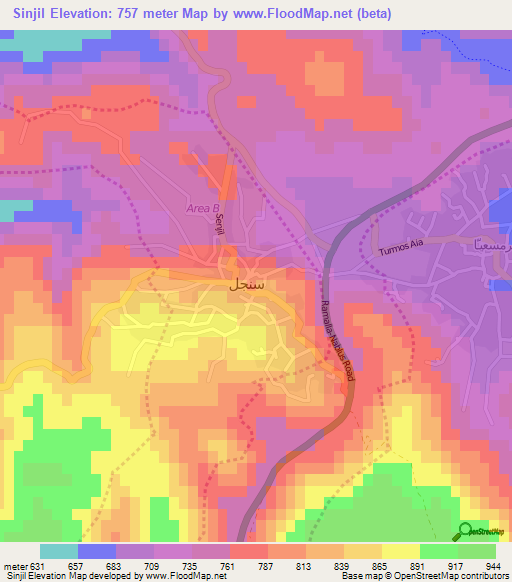 Sinjil,Palestinian Territory Elevation Map