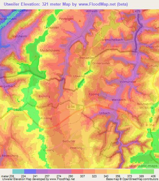 Utweiler,Germany Elevation Map