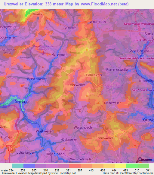 Urexweiler,Germany Elevation Map