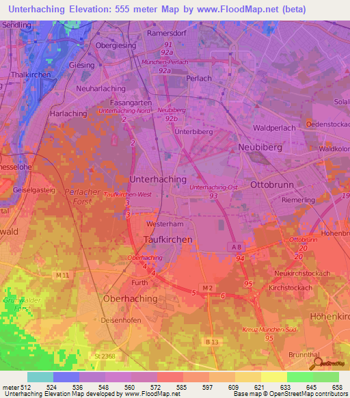 Unterhaching,Germany Elevation Map