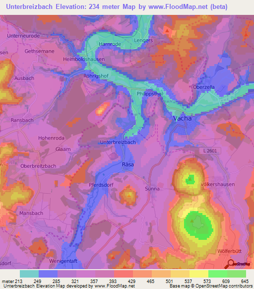 Unterbreizbach,Germany Elevation Map