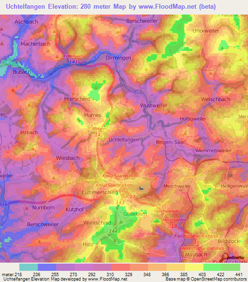 Uchtelfangen,Germany Elevation Map